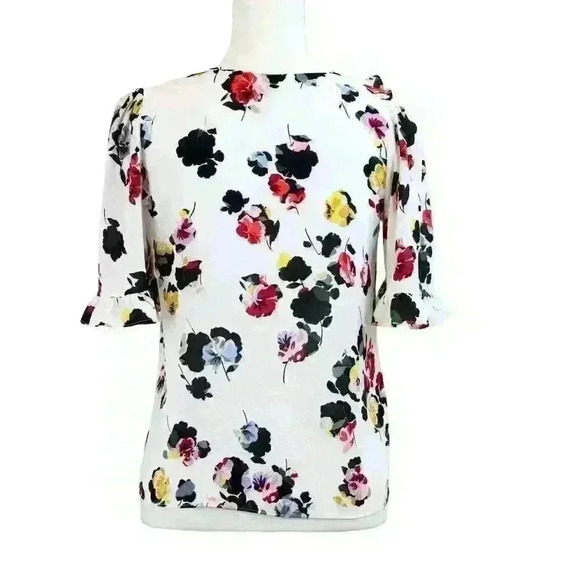Ann Taylor Floral Short Sleeve Ruffled Bib Blouse w/ Neck Button Size XS Petite - Picture 6 of 8